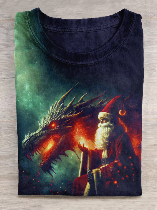 Santa Claus and Dragon Art Print Unisex Crew Neck Short Sleeve Casual T-Shirt