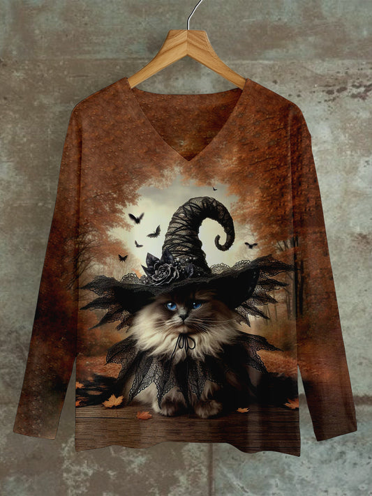 Cat Witch Art Print Unisex V-Neck Long Sleeve Casual T-Shirt