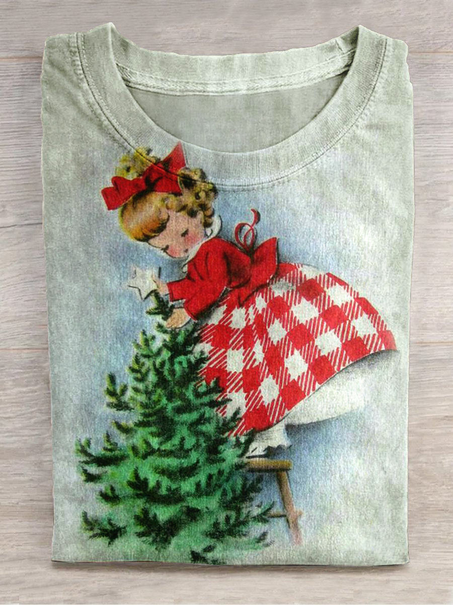 Christmas Art Print Round Neck Short Sleeve Casual T-Shirt