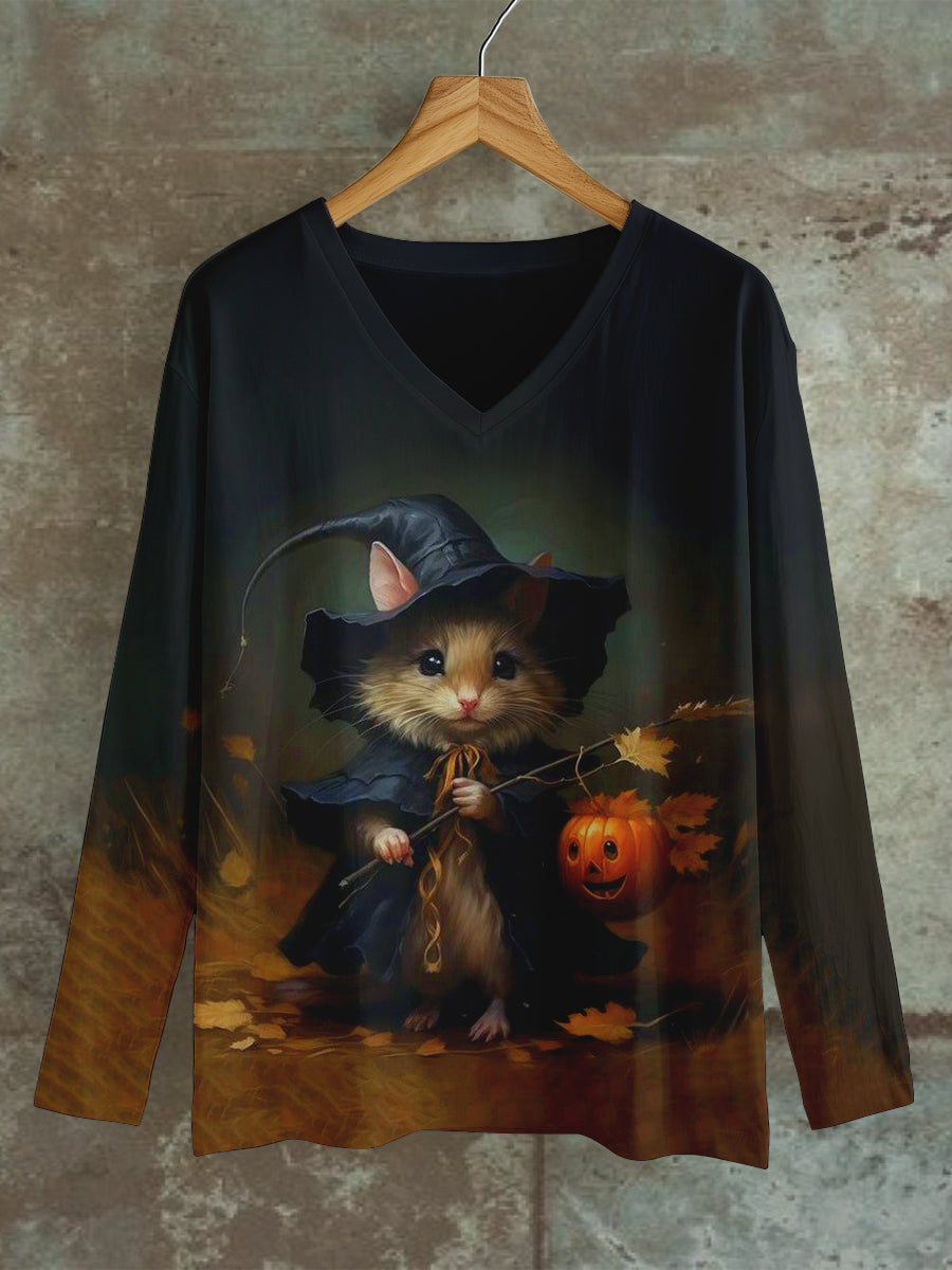 Witch Art Print Unisex V-Neck Long Sleeve Casual T-Shirt