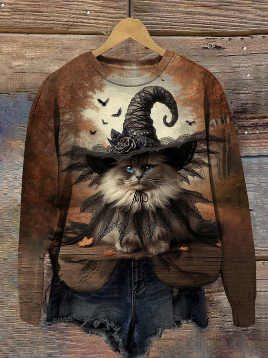 Cat Witch Art Print Unisex Crew Neck Long Sleeve Casual Sweatshirt