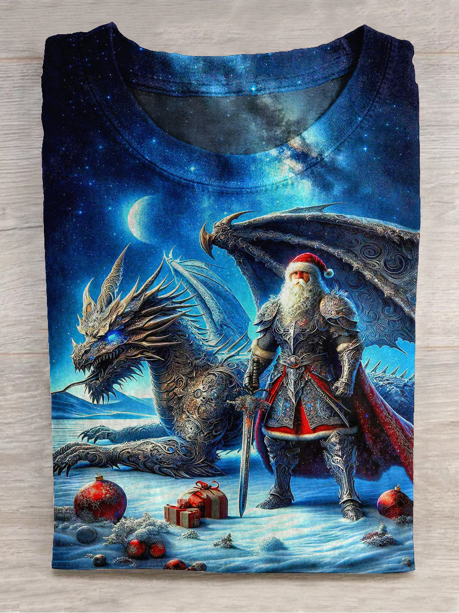 Santa Claus and Dragon Art Print Unisex Crew Neck Short Sleeve Casual T-Shirt