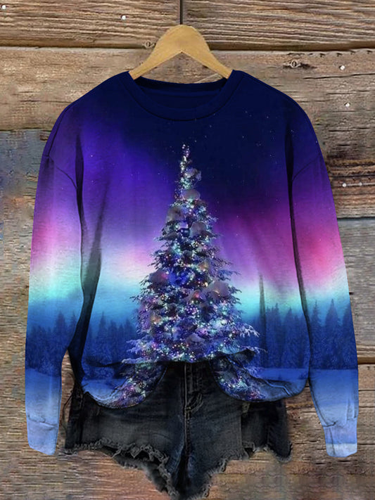 Christmas Tree Aurora Art Print Unisex Crew Neck Long Sleeve Casual Sweatshirt