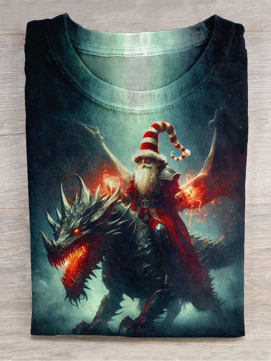 Santa Claus and Dragon Art Print Unisex Crew Neck Short Sleeve Casual T-Shirt