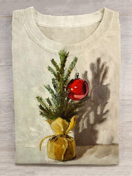 Christmas Art Print Round Neck Short Sleeve Casual T-Shirt