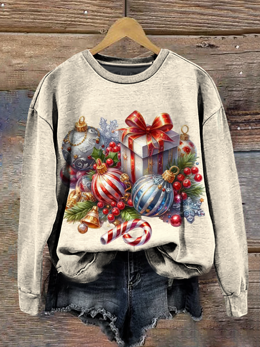 Christmas Art Print Round Neck Long Sleeve Casual Sweatshirt