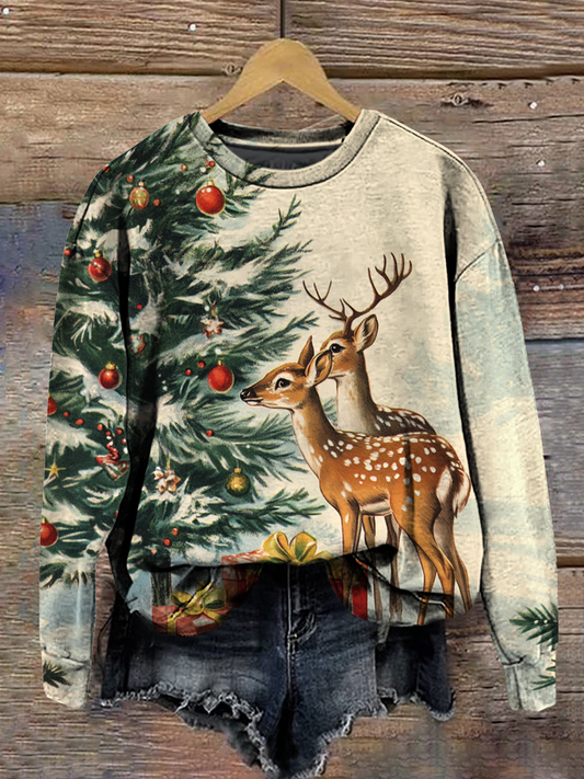 Christmas Art Print Round Neck Long Sleeve Casual Sweatshirt