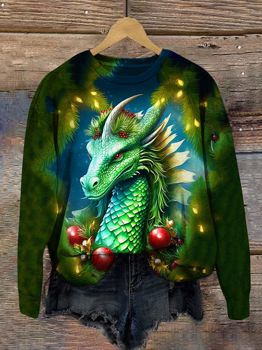 Christmas Dragon Art Print Unisex Crew Neck Long Sleeve Casual Sweatshirt