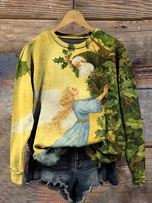 Christmas Art Print Round Neck Long Sleeve Casual Sweatshirt