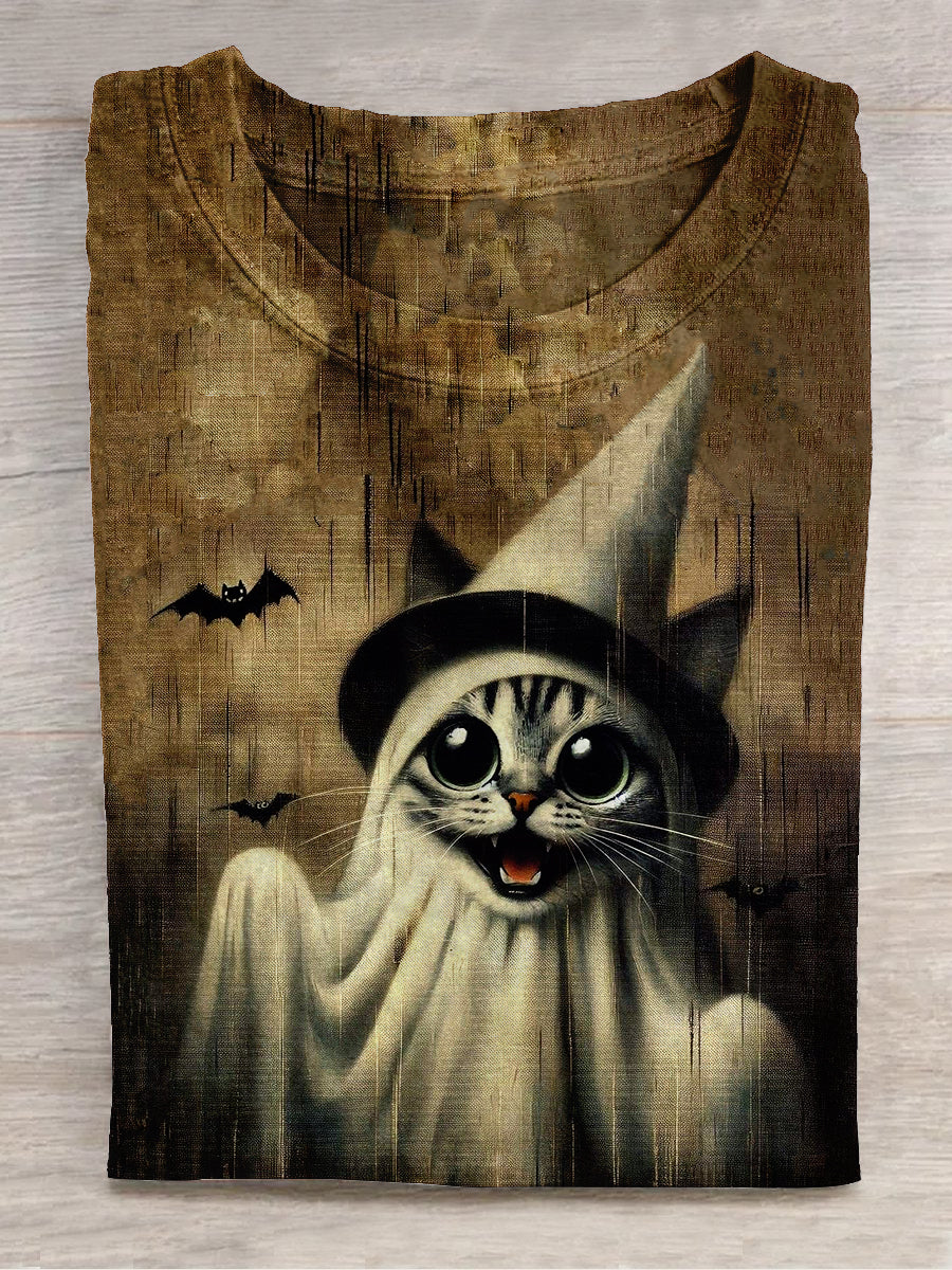 Funny Ghost Cat Art Print Unisex Round Neck Short Sleeve Casual T-shirt