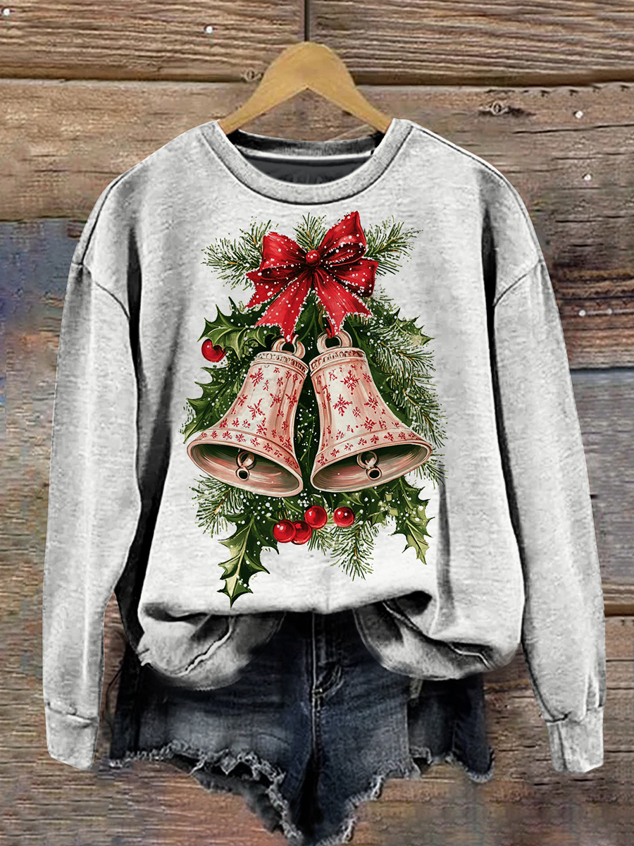 Christmas Art Print Round Neck Long Sleeve Casual Sweatshirt