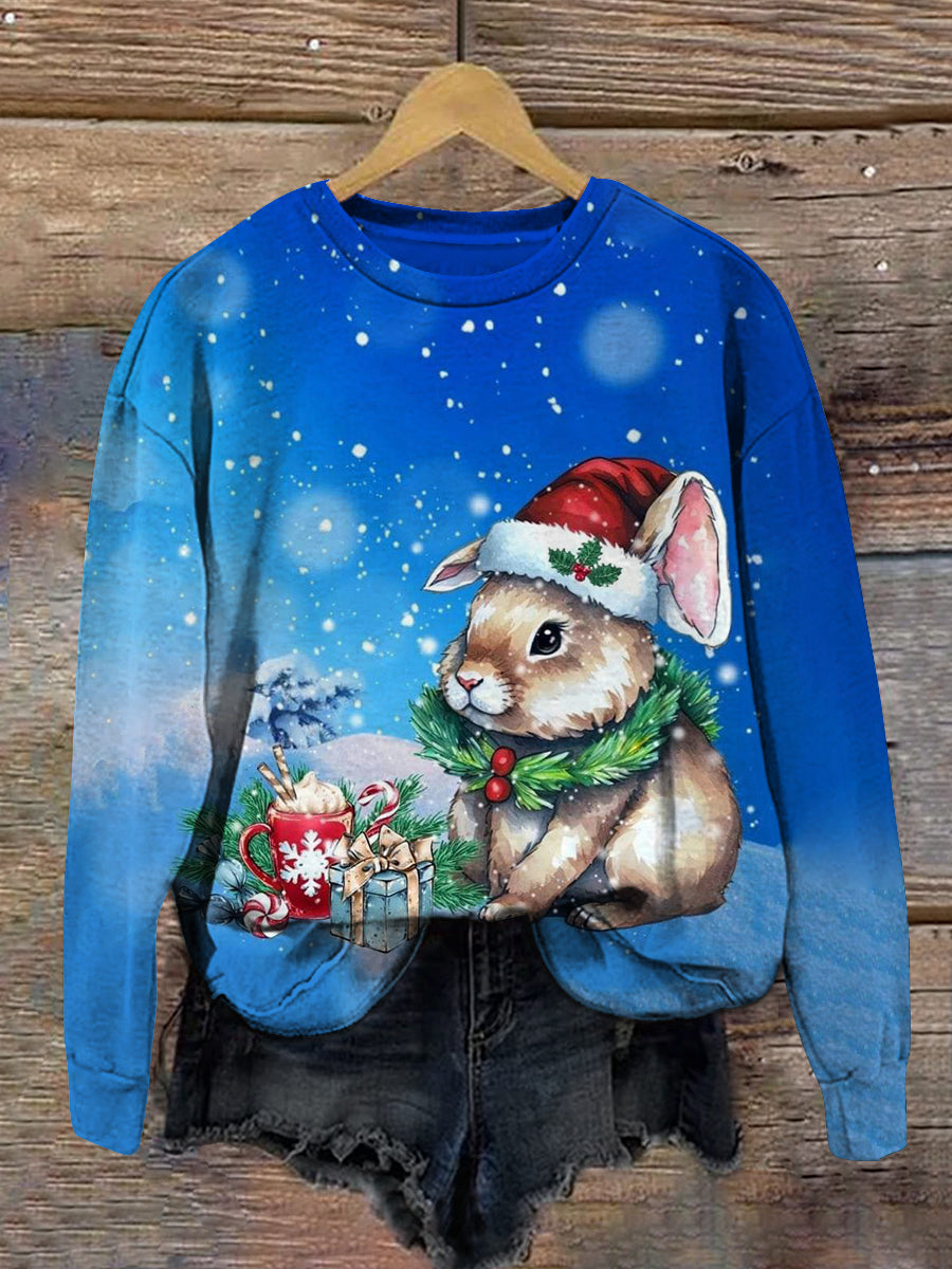 Rabbit Christmas Art Print Unisex Crew Neck Long Sleeve Casual Sweatshirt