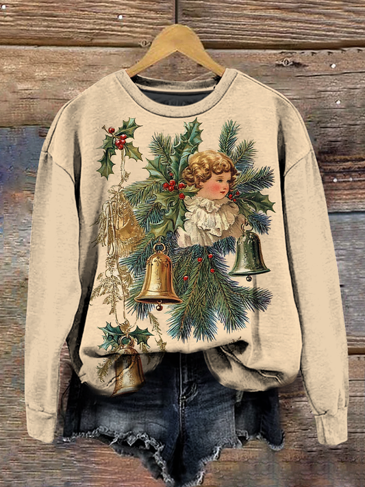 Christmas Art Print Round Neck Long Sleeve Casual Sweatshirt