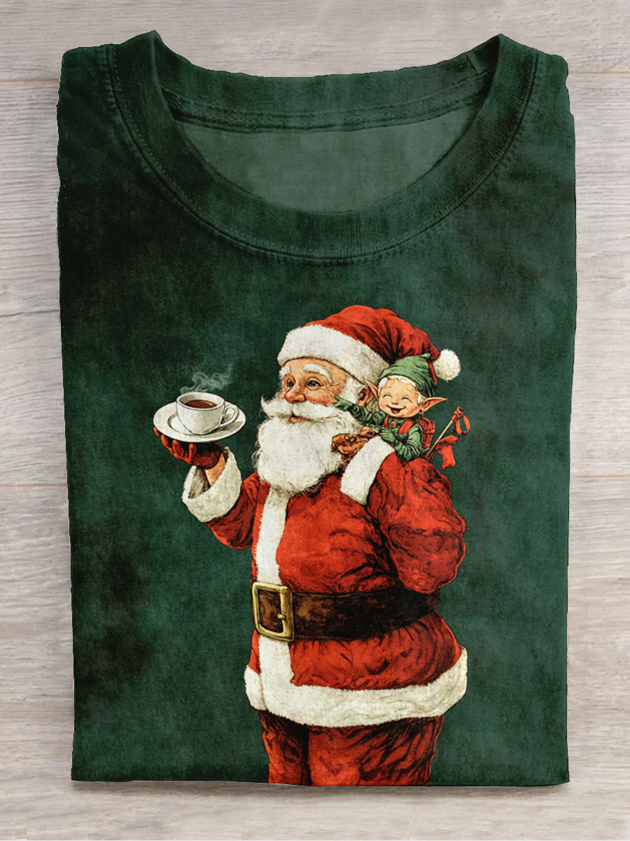 Christmas Art Print Round Neck Short Sleeve Casual T-Shirt