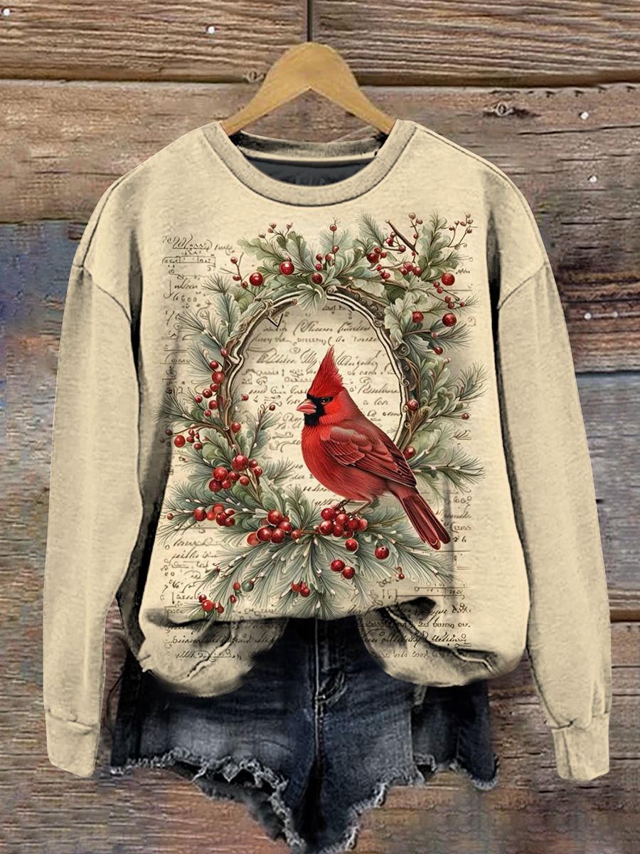 Christmas Art Print Round Neck Long Sleeve Casual Sweatshirt