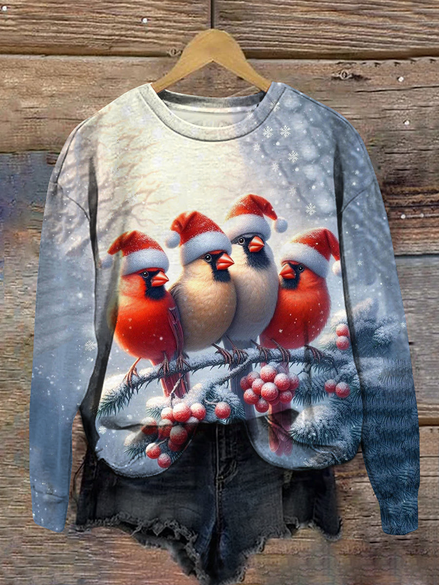 Christmas Cardinal Art Print Unisex Crew Neck Long Sleeve Casual Sweatshirt