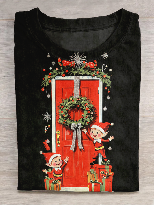 Christmas Art Print Round Neck Short Sleeve Casual T-Shirt