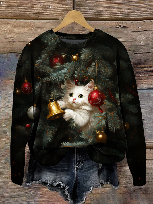 Christmas Art Print Round Neck Long Sleeve Casual Sweatshirt