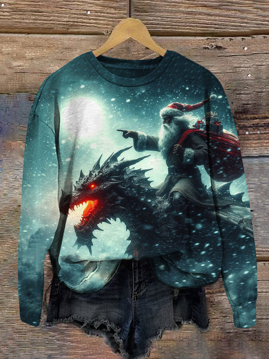 Christmas Dragon Knight Art Print Unisex Crew Neck Long Sleeve Casual Sweatshirt