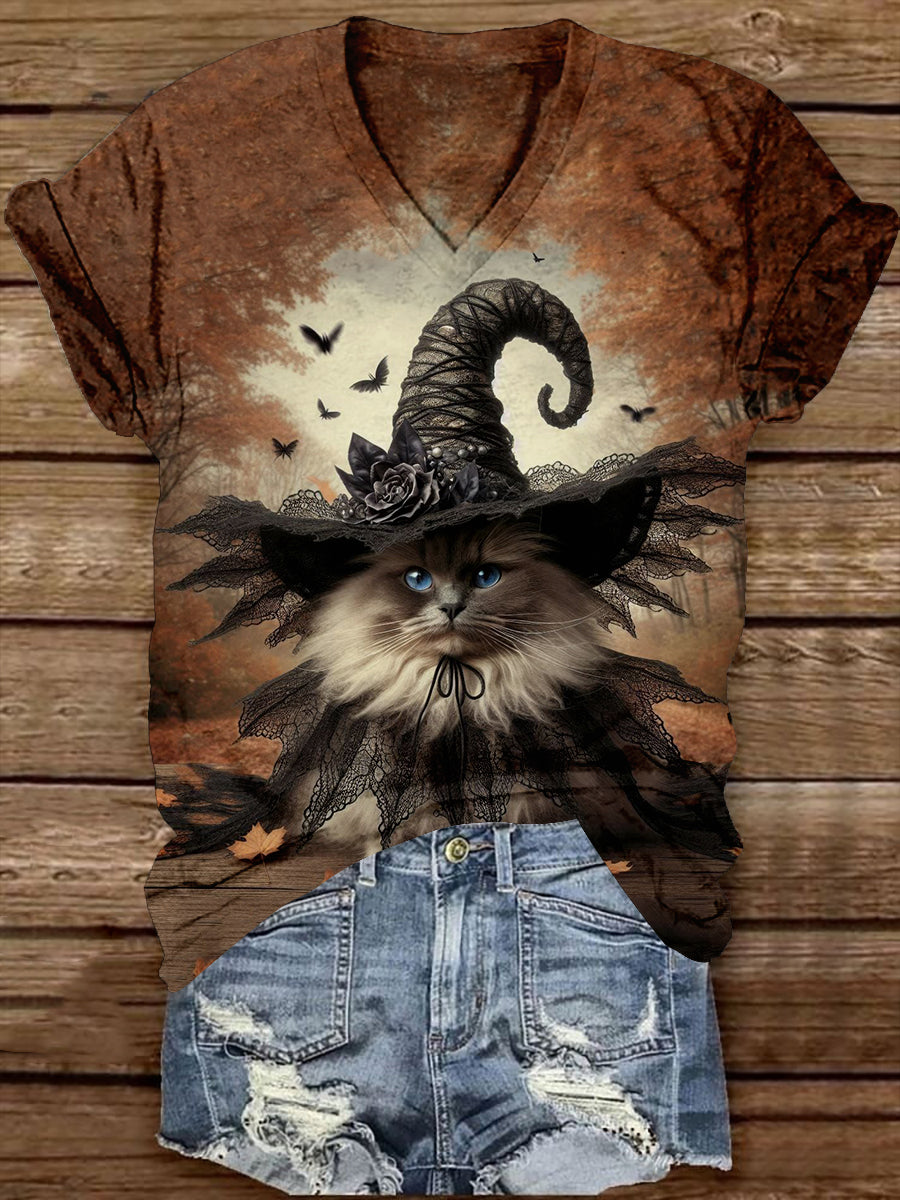 Cat Witch Art Print Unisex V-Neck Short-Sleeved Casual T-Shirt