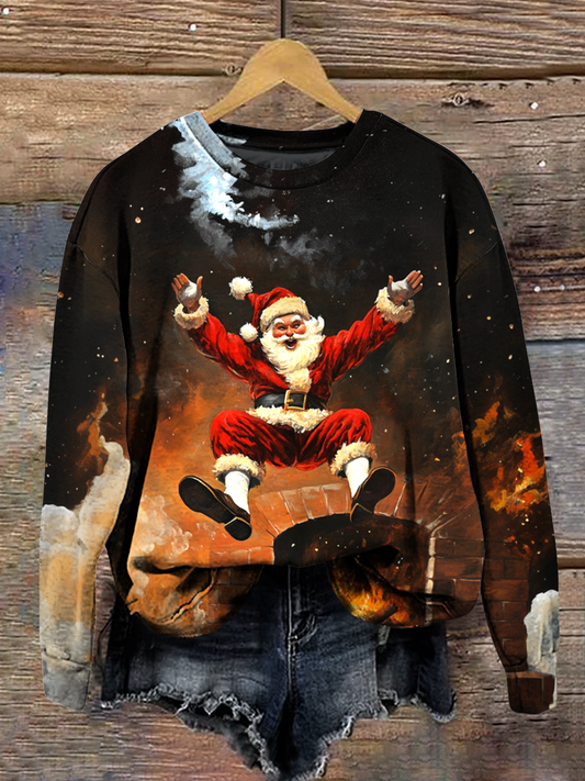 Christmas Art Print Round Neck Long Sleeve Casual Sweatshirt