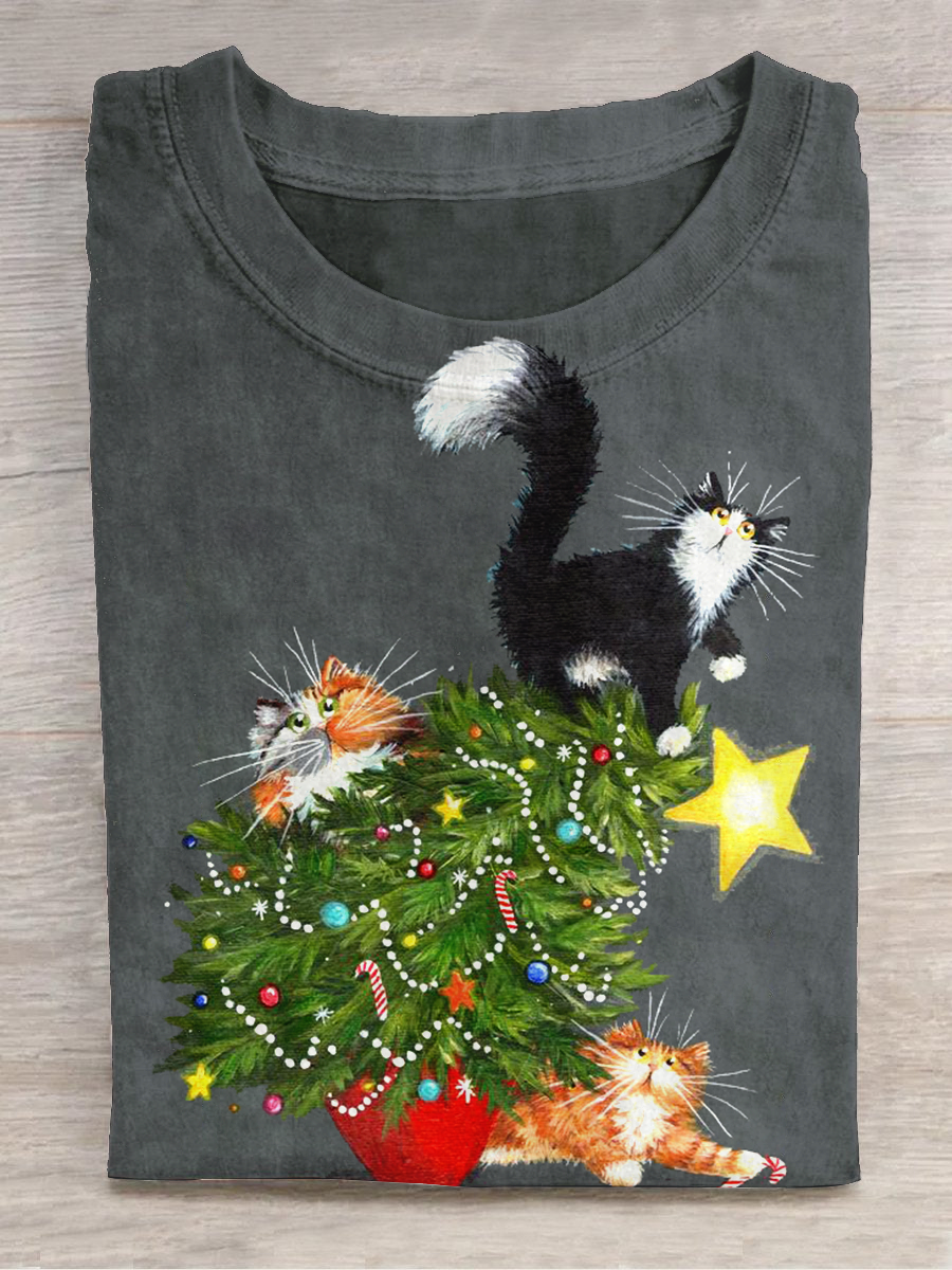 Christmas Art Print Round Neck Short Sleeve Casual T-Shirt