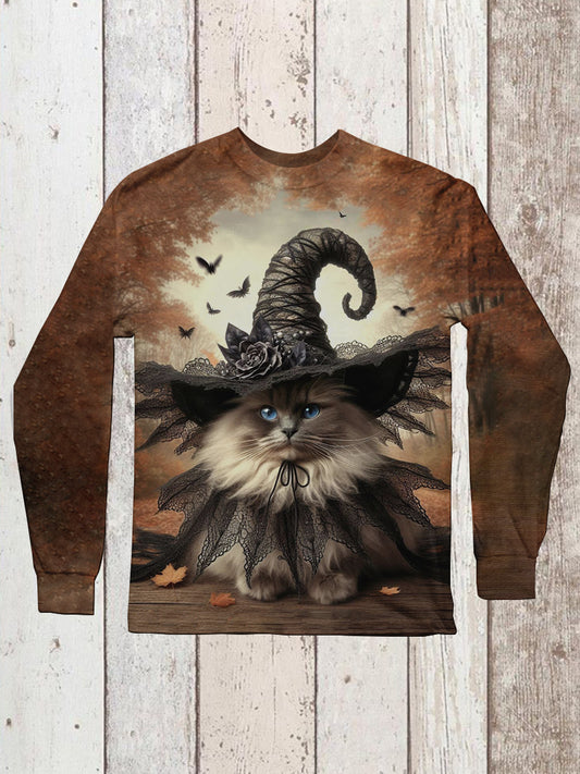 Cat Witch Art Print Unisex Round Neck Long Sleeve Casual T-Shirt