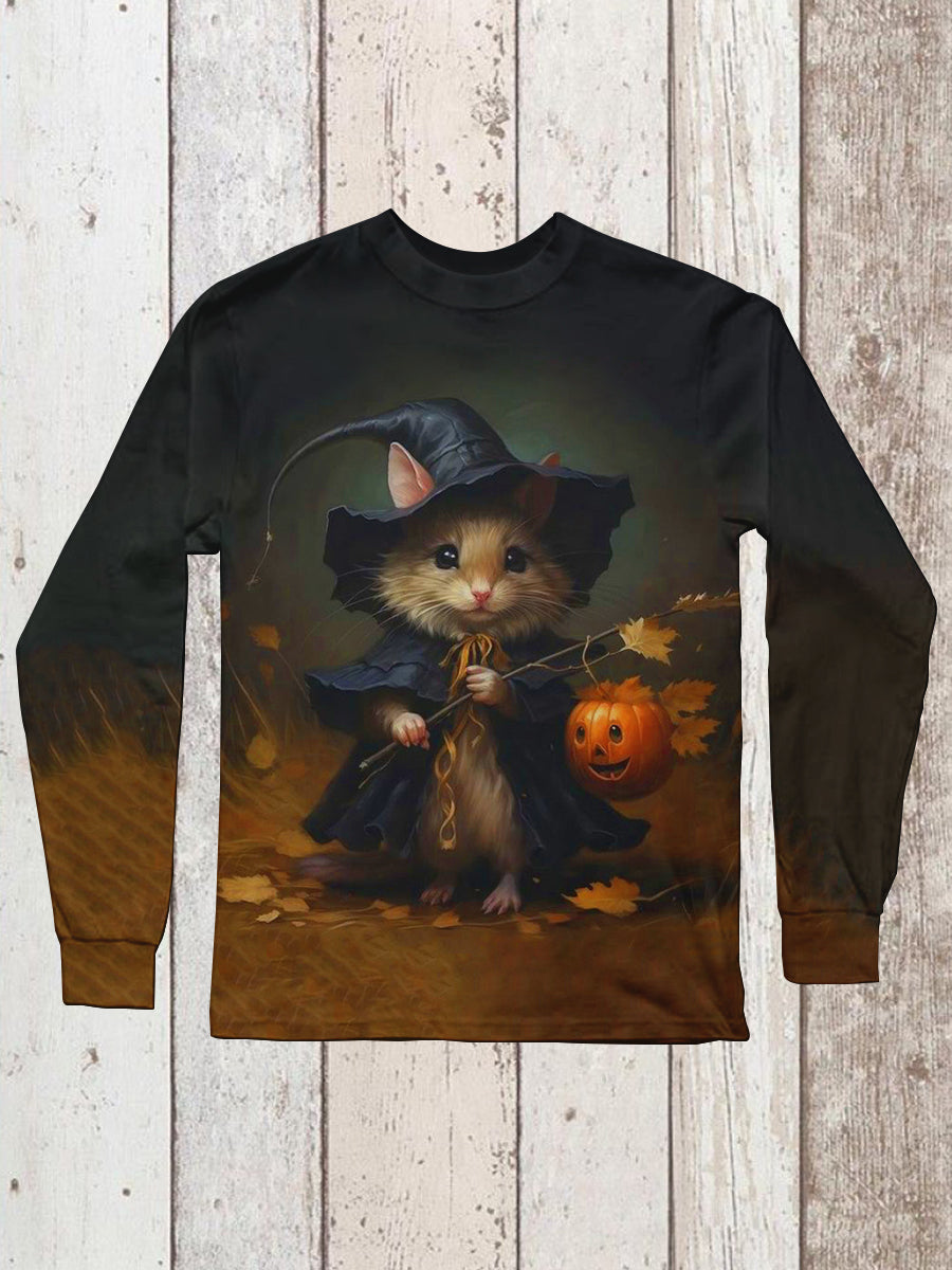 Witch Art Print Unisex Round Neck Long Sleeve Casual T-Shirt