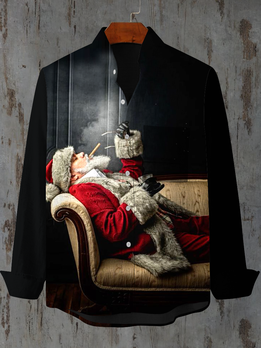 Christmas Art Print Stand Collar Long Sleeve Casual Shirt