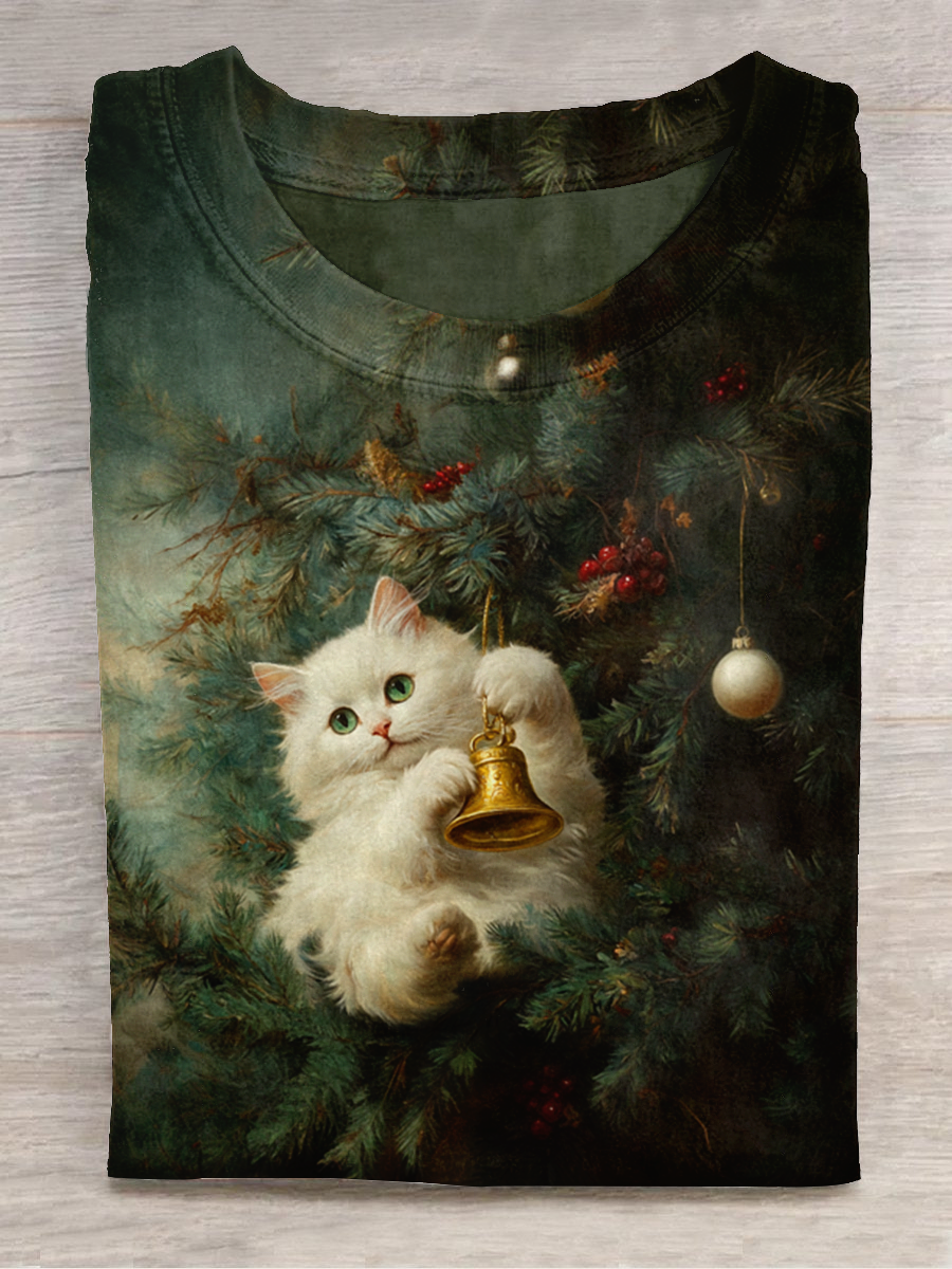 Christmas Cat Art Print Round Neck Short Sleeve Casual T-Shirt