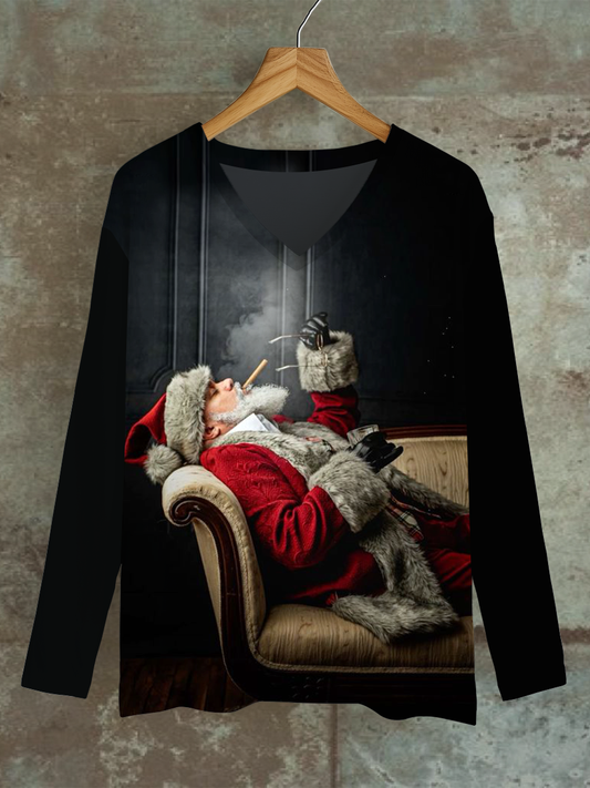 Christmas Art Print V-neck Long-Sleeved Casual T-Shirt