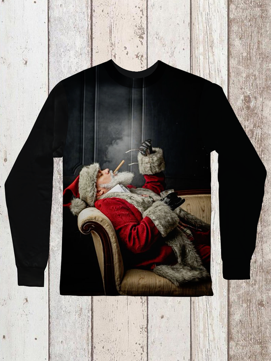 Christmas Art Print Round Neck Long Sleeve Casual T-Shirt