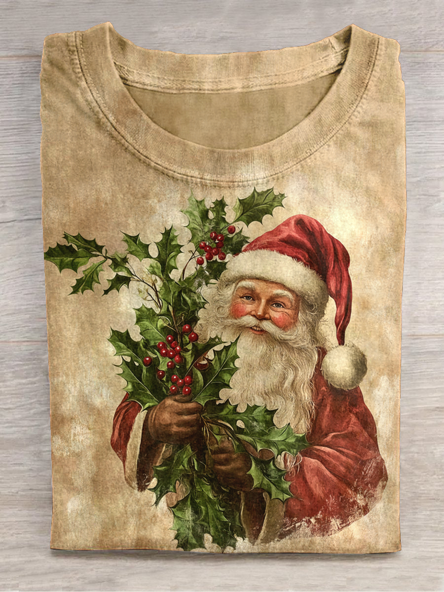 Christmas Art Print Round Neck Short Sleeve Casual T-Shirt