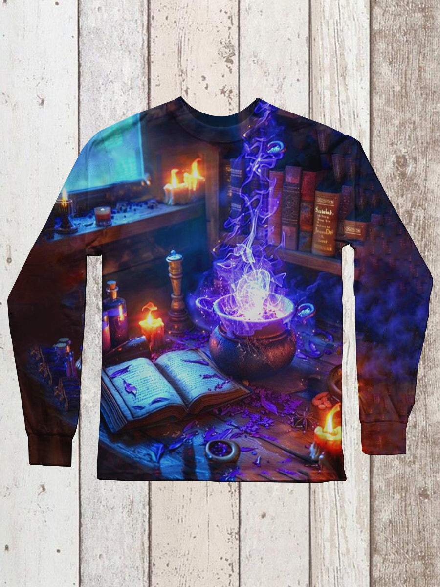 Magic Book Witch Art Print Unisex Round Neck Long Sleeve Casual T-Shirt