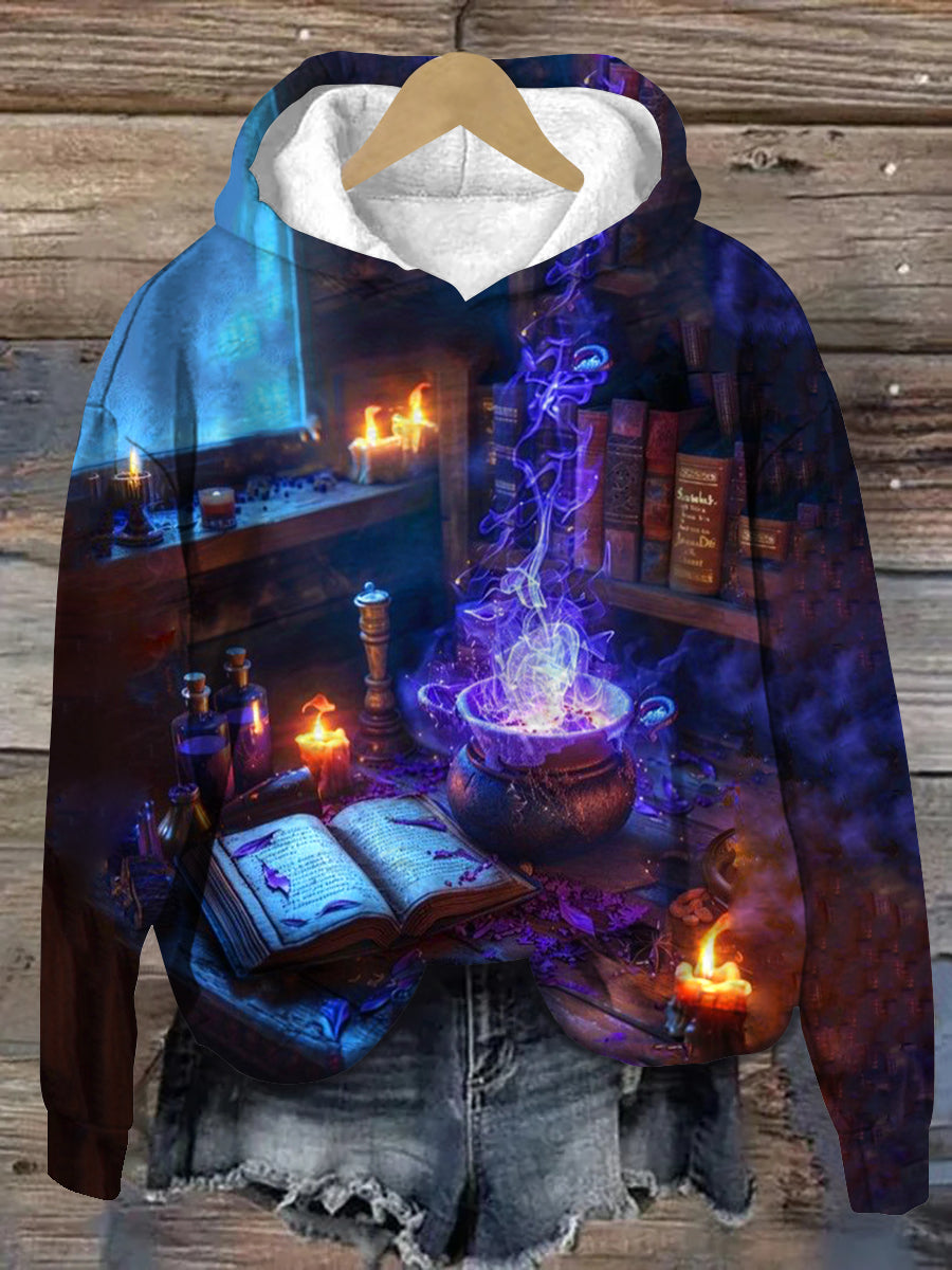 Magic Book Witch Art Print Unisex Long Sleeve Casual Hooded Sweatshirt