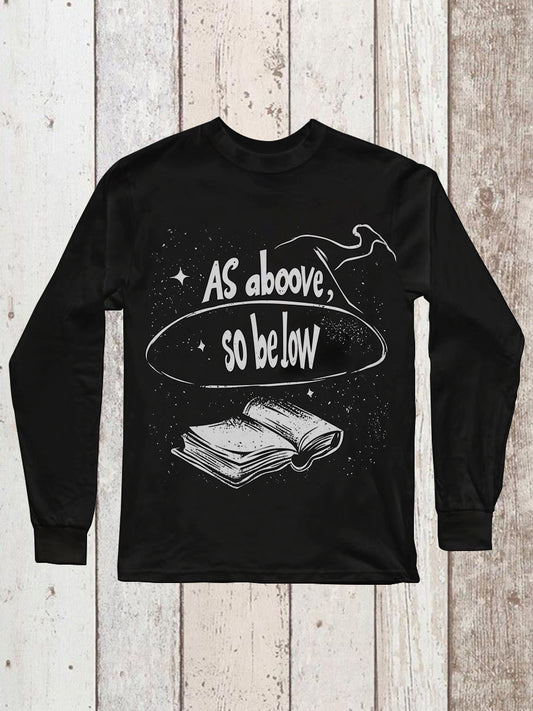 Magic Book Witch Art Print Unisex Round Neck Long Sleeve Casual T-Shirt