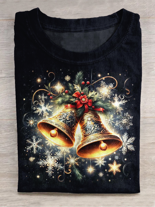 Christmas Art Print Round Neck Short Sleeve Casual T-Shirt