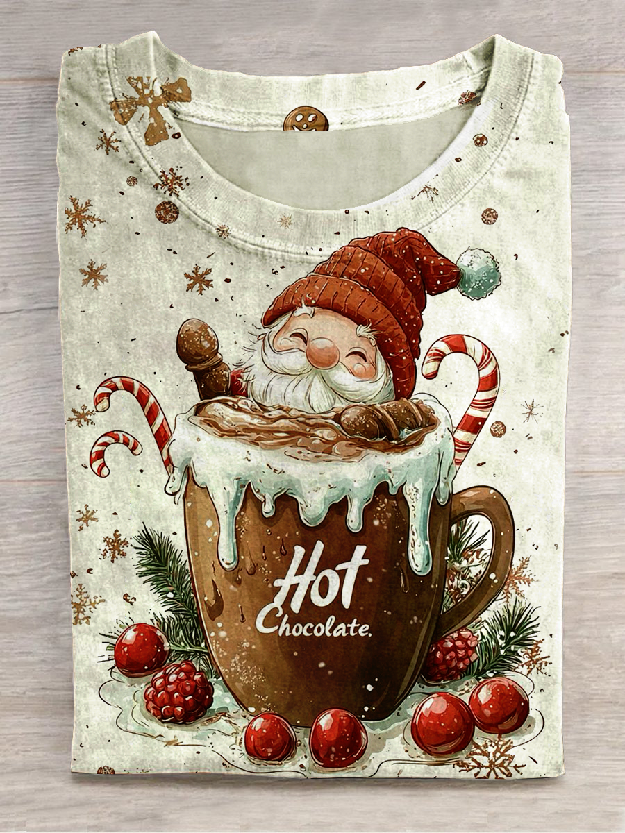 Christmas Art Print Round Neck Short Sleeve Casual T-Shirt