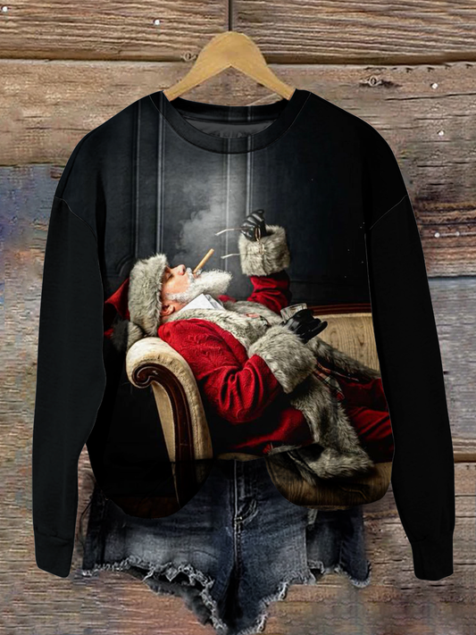 Christmas Art Print Round Neck Long Sleeve Casual Sweatshirt