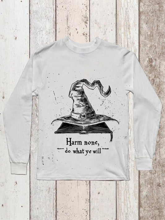 Magic Book Witch Art Print Unisex Round Neck Long Sleeve Casual T-Shirt