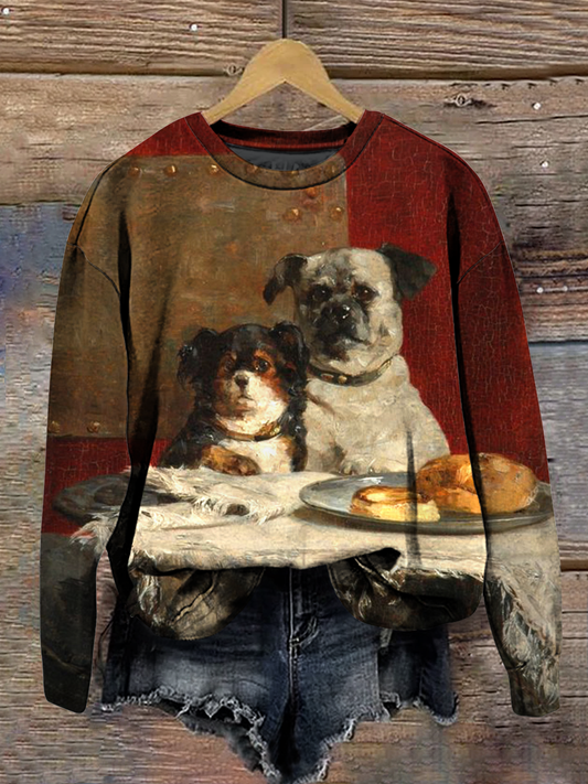 Cute Puppy Art Print Round Neck Long Sleeve Casual Sweatshirt