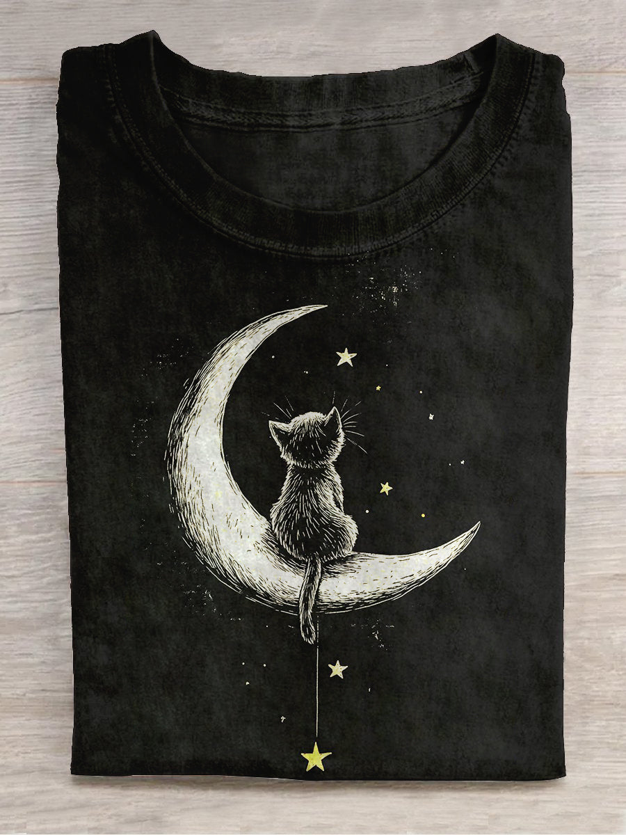 Black Cat Art Print Unisex Crew Neck Short Sleeve Casual T-Shirt