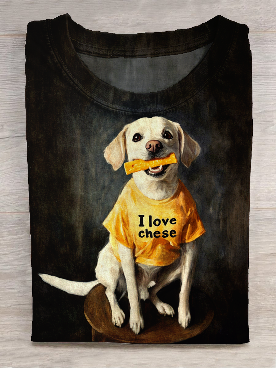 Cute Puppy Art Print Round Neck Short-Sleeved Casual T-Shirt