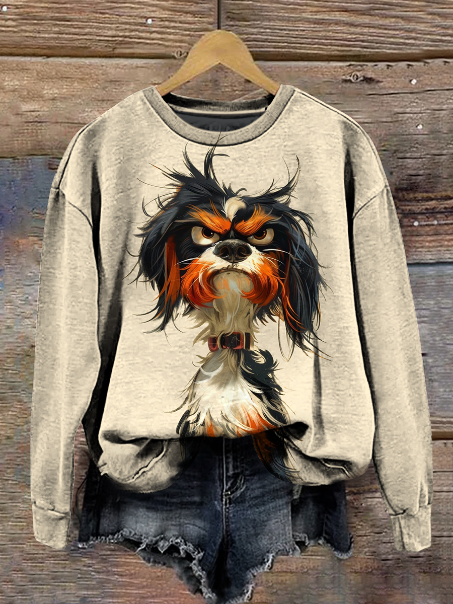 Cute Puppy Art Print Round Neck Long Sleeve Casual Sweatshirt