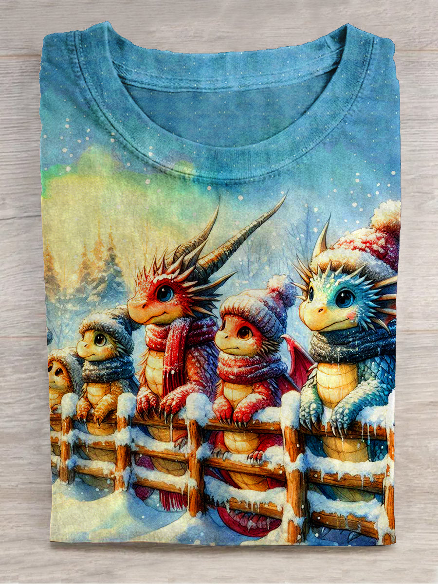 Christmas Dragon Art Print Unisex Round Neck Short Sleeve Casual T-Shirt