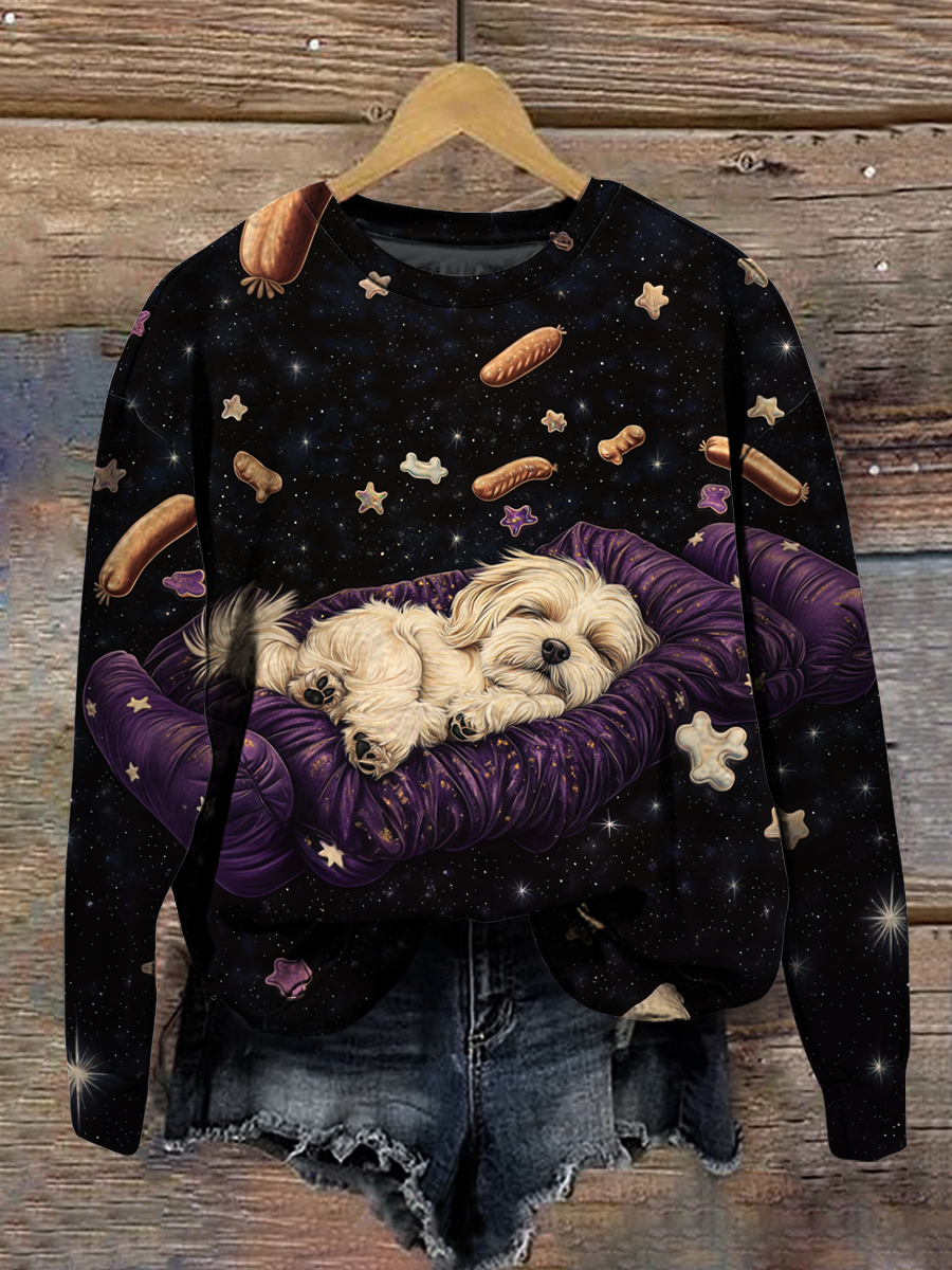 Cute Puppy Art Print Round Neck Long Sleeve Casual Sweatshirt