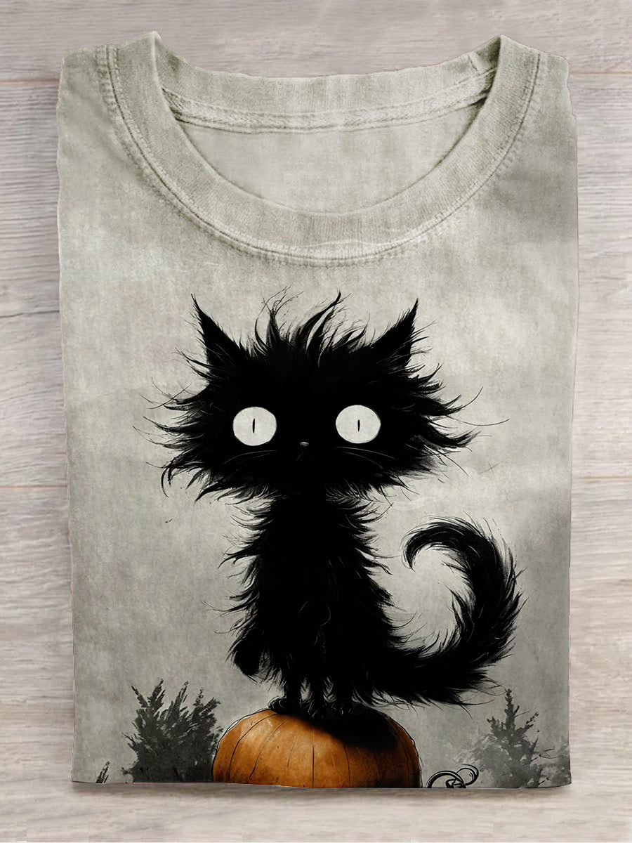 Black Cat Art Print Unisex Crew Neck Short Sleeve Casual T-Shirt