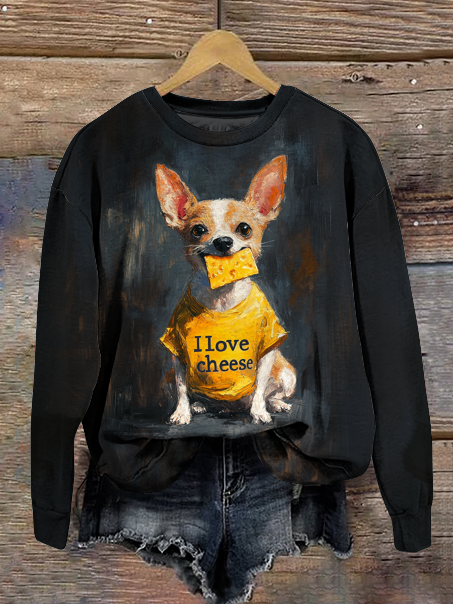 Cute Puppy Art Print Round Neck Long Sleeve Casual Sweatshirt