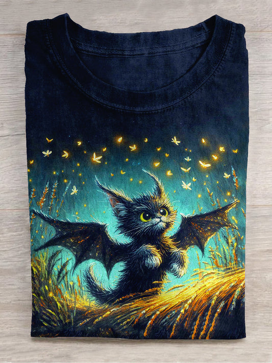 Black Cat Art Print Unisex Crew Neck Short Sleeve Casual T-Shirt