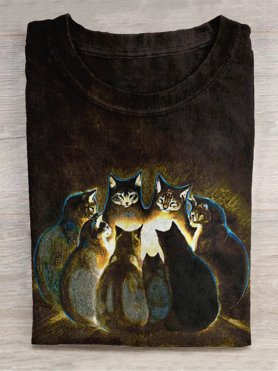 Black Cat Ritual Art Print Unisex Crew Neck Short Sleeve Casual T-Shirt